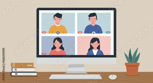 Diverse individuals engage in a productive virtual video conference call on a desktop computer, fostering seamless remote collaboration and digital connection.