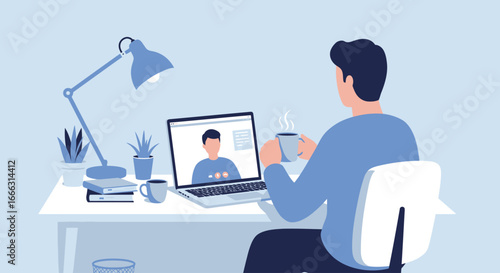 A man engages in a productive virtual meeting from his home office, utilizing modern technology for effective remote communication and collaboration.