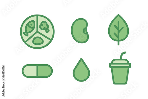 Nutritional health icons representing balanced diet elements in green