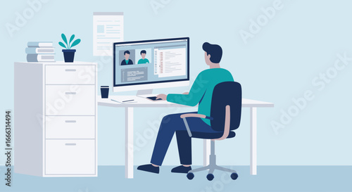 A dedicated professional works remotely from his contemporary home office, participating in a virtual video conference call on his desktop computer.