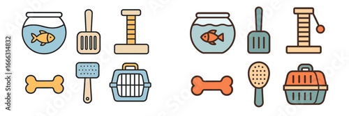 Vector illustration of pet care supplies and animals
