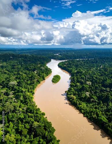 Aerial View of Winding River Through Lush Amazon Rainforest.