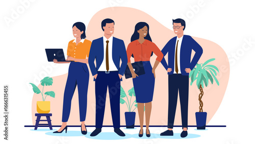 Happy and confident business team of diverse businesspeople standing together, representing a strong partnership and collaboration in the workplace in modern flat design vector illustration 