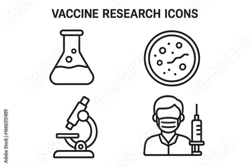 Vaccine Research Icons Set, Outline Vector Illustration of Laboratory Flask, Petri Dish, Microscope, Researcher with Syringe, Medical Science and Development Symbols