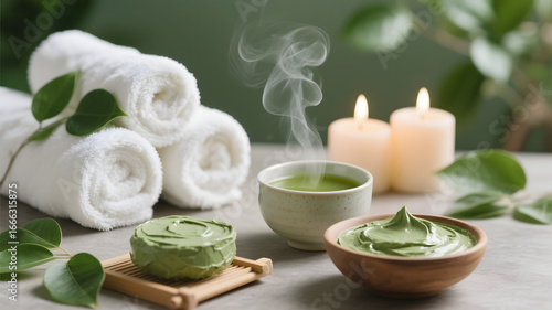 Wallpaper Mural Wellness and beauty concept showing steaming tea and organic matcha mask in serene spa setting with towels and leaves Torontodigital.ca