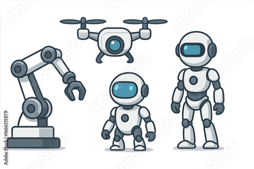 Various robotic and futuristic technology designs including a robotic arm, drone, and humanoid robots in modern vector cartoon style for innovation and automation concepts