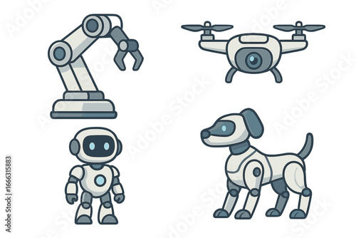 Various robotic and animal figures including robotic arm, drone, robot, and robotic dog in modern vector cartoon style for technology and innovation themes