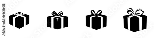 Multiple black gift boxes with bows displayed in a minimalist style for festive occasions and celebrations
