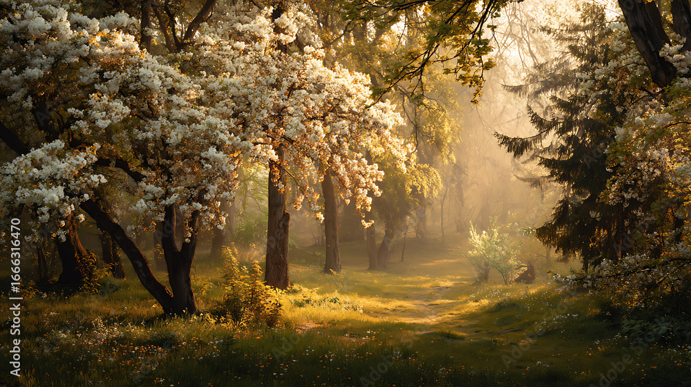 Fototapeta premium Spring morning sunlight filtering through flowering trees in a tranquil forest setting