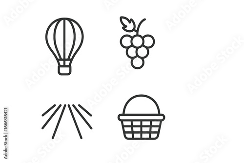 Vineyard Icon Set, Outline Vineyard Overflight Hot Air Balloon, Grape Cluster, Vine Row Landscape, Basket Silhouette, Rolling Hills Vector Illustration, Transparent Background