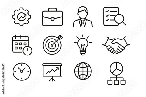 Business and office line icon set. Productivity and management tools. Outline icons for strategy, analysis, goal, idea, growth, collaboration, and time management.