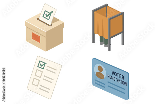 Isometric Flat Voting Rights Icons Set Including Ballot Box with Check Mark, Voting Booth, Marked Ballot Paper, and Voter Registration Card Vector Illustration on Transparent Background
