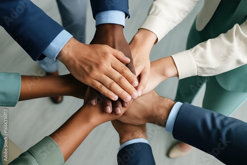 Wallpaper Mural United team places hands together, symbolizing global collaboration, diversity, and a shared vision for growth and organizational success. Torontodigital.ca