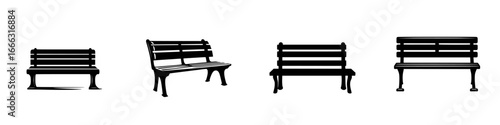 Different styles of park benches displayed in a row showcasing unique designs and silhouettes for outdoor seating decoration