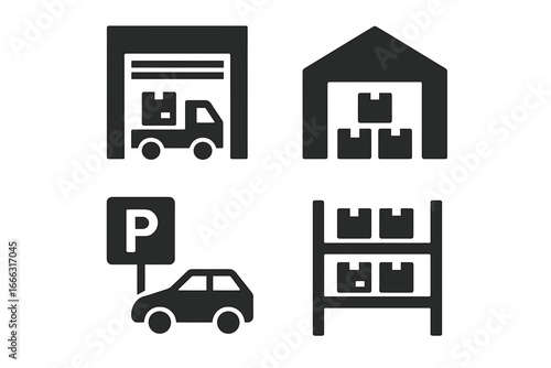 Warehouse Icon Set with Solid Filled Design Featuring Loading Bay Truck, Warehouse Building with Boxes, Parking Area Car, and Storage Shelves - Vector Illustration