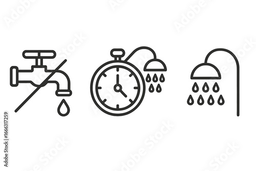 Water Conservation Icons Set, Outline Symbols for Water Saving Awareness, Faucet Turned Off, Shower Timer, Low Flow Showerhead, Eco-Friendly Bathroom, Vector Illustration