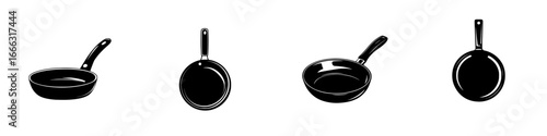 Various styles of frying pans displayed in a seamless line showing different shapes and designs suitable for cooking