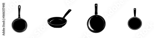 Different sizes of frying pans arranged in order, showcasing design variations for cooking