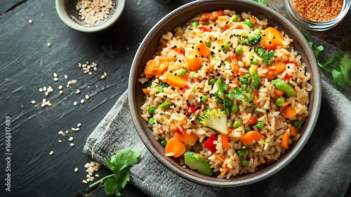 Elevated of meal of bowl of special fried rice with mixed vegetables