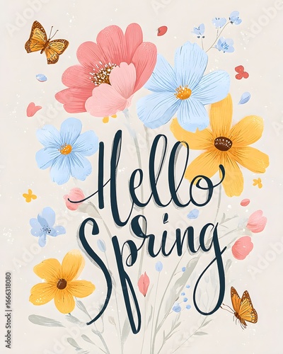 Colorful floral arrangement celebrates hello spring with butterflies in a cheerful garden design
