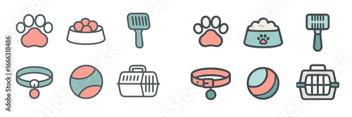 Icons depicting pet supplies and accessories for animal care