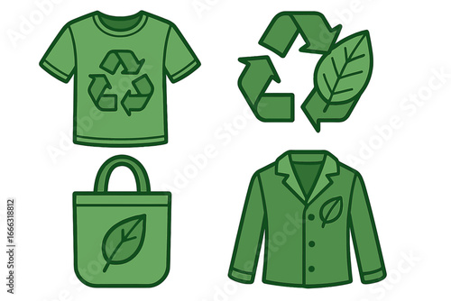 Sustainable fashion symbols showcasing eco-friendly materials, recycling icons, green clothing concepts, reusable bags, and environmentally conscious apparel design vector illustration