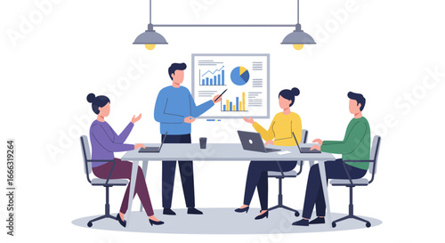 A focused team of business professionals collaborates in a modern office meeting, analyzing data on a whiteboard to strategize and achieve project goals.