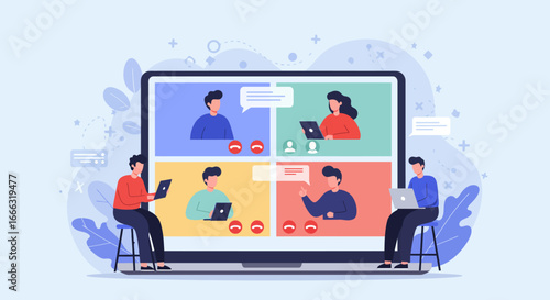 Modern remote team members engage in a dynamic virtual video conference call, collaborating efficiently from diverse locations using digital communication technology.
