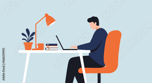 This flat design illustration depicts a man actively engaged in remote work on his laptop at a clean desk, surrounded by essential office items.