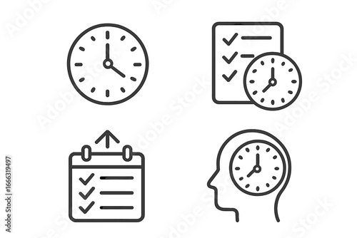 Time management outline icons set of 4, linear style task planning, productivity symbols, daily schedule, checklist, calendar, mind focus, vector illustration, transparent background