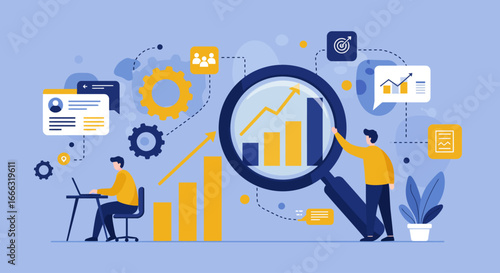 This vibrant illustration showcases a dedicated team meticulously analyzing crucial business data and market trends to achieve strategic growth and financial success.