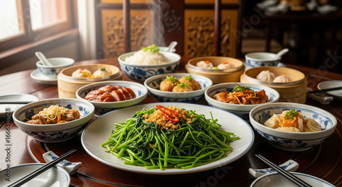 A Traditional Chinese Dinner with Stir Fried Morning Glory and Dim Sum