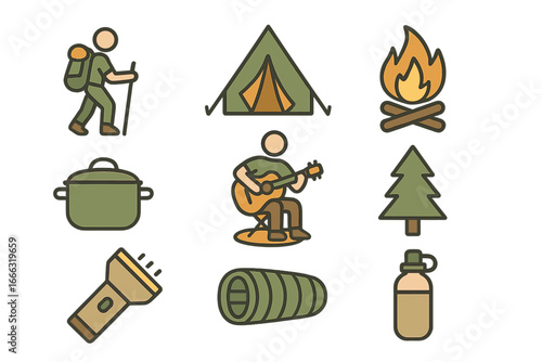 Camping and hiking icon set. Outdoor adventure and summer camp equipment. Vector collection with tent, campfire, hiker, guitar, sleeping bag, and flashlight for trekking.