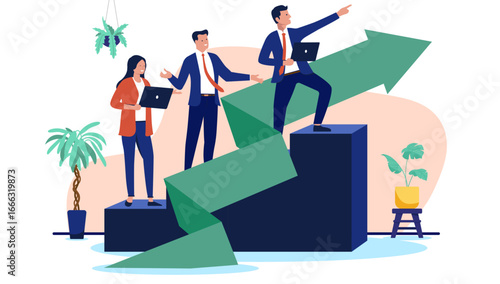 An optimistic business team of professional businesspeople moving towards a positive future, following an upward trend as a symbol of progress, corporate management, and success, flat design vector