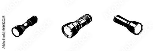 Different types of flashlights displayed in a row for comparison in a darkened setting