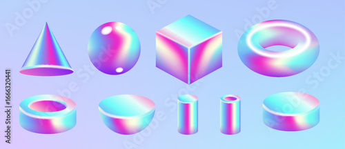 3d holographic geometric primitive shape set . Realistic 3d sphere, torus, cube, tube. Glossy holographic geometric shapes. Iridescent trendy design, thin film effect. Vector