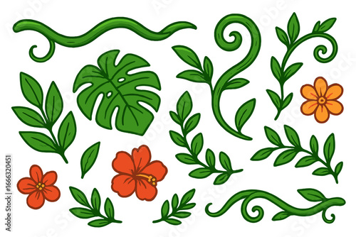 Tropical plant elements including lush vines, tropical leaves, and vibrant flowers in a lively vector cartoon illustration perfect for nature-themed design projects and botanical art compositions