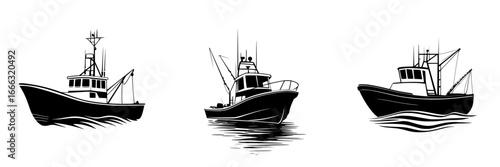 Fishing boats in various styles navigating calm waters in a coastal setting during daylight hours