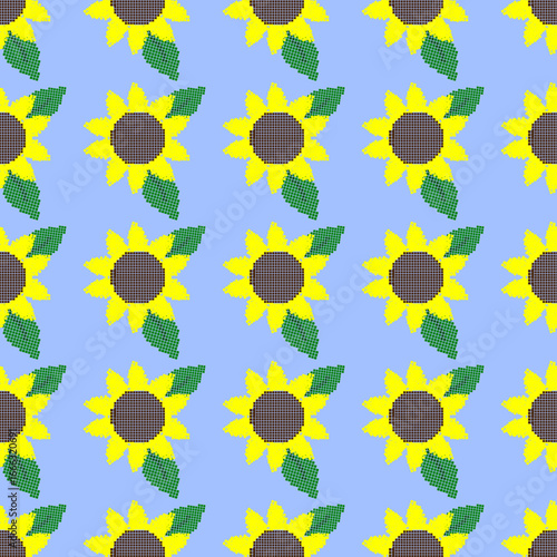 Seamless pattern featuring pixelated sunflowers on a blue background.