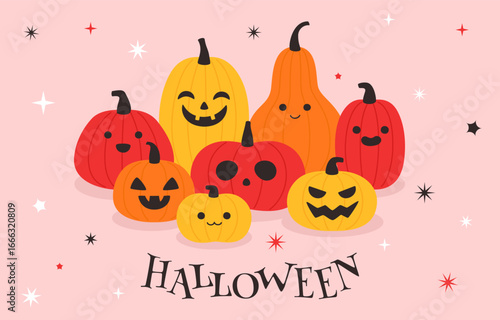 Halloween Pumpkin Family with Smiling Faces on Pink Background