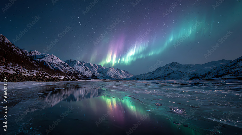 Naklejka premium Vibrant northern lights illuminate snowy mountains reflected in icy water at night