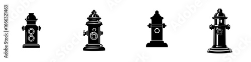 Set of stylized black fire hydrants designed for urban landscapes and public safety signage