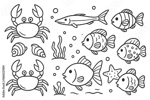 Underwater marine life sketch featuring various sea creatures like crabs, fish, shellfish, starfish in artistic cartoon style, vector illustration with transparent background