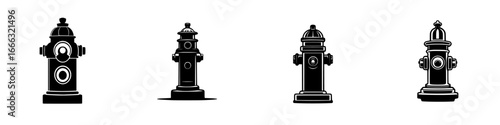 Fire hydrants in various designs displayed in silhouette form showcasing urban infrastructure and public safety features