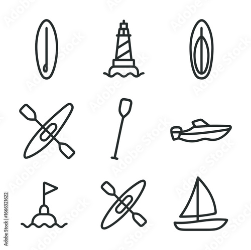 Nautical symbols: kayaks, sailboat, motorboat, lighthouse, buoy, paddle icons