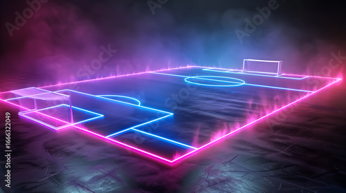 3D render of a glowing neon soccer field on a black background,