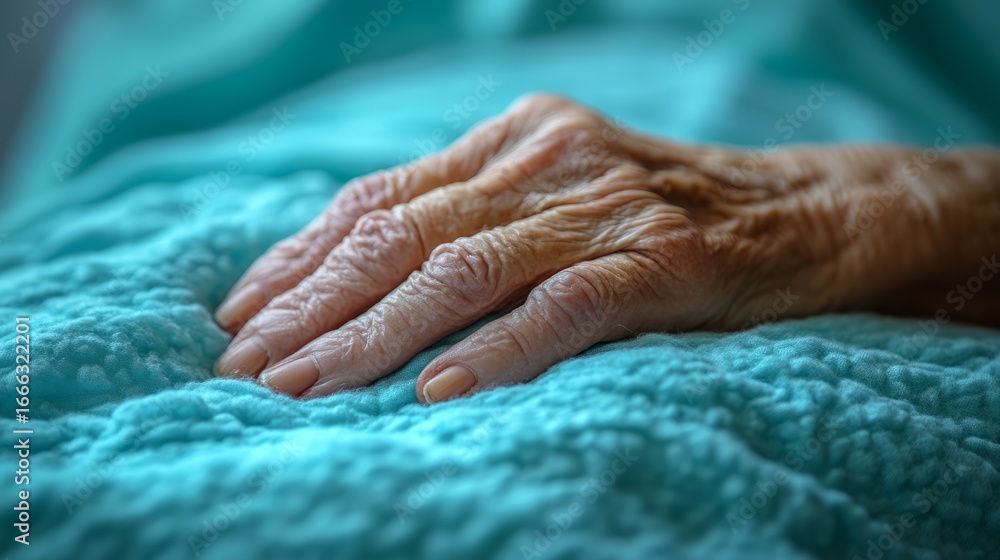 Fototapeta premium An elderly hand rests tenderly on a plush turquoise blanket, conveying warmth and serenity in a calm indoor setting