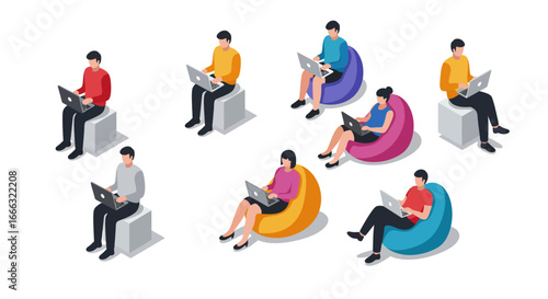 Multiple isometric individuals are comfortably engaged in various tasks using laptops, showcasing modern flexible remote work and digital connectivity.