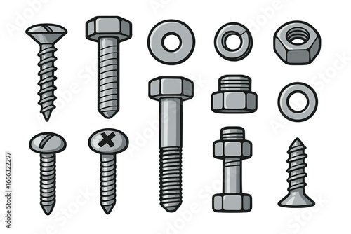 Various Types of Metallic Fasteners Including Screws, Bolts, Washers, and Nuts Displayed on Neutral Background, Vector Cartoon Illustration for Construction and Mechanical Projects