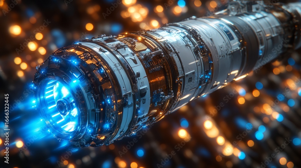 Obraz premium A high-tech propulsion system ignites in blue energy, set against a dazzling starry backdrop of cosmic exploration